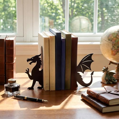 Dragon Bookends Set of 2 Styles Metal Book Ends for Shelves | Gothic Dragon Head Wings Design, Sturdy Metal Construction, Non-slip Base, Home Office Bookshelf Gift Dragon Lovers - style: Evil Dragon