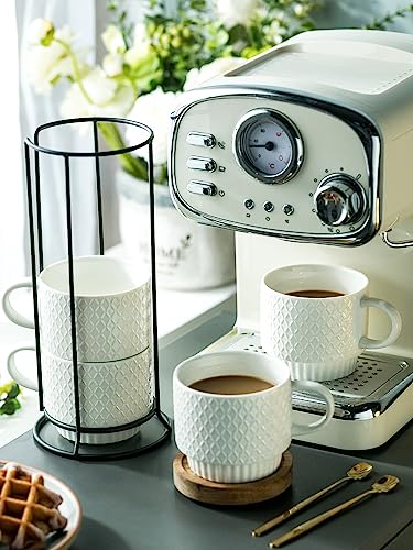LYEOBOH Stackable Coffee Mugs with Rack, 13 oz Ceramic Coffee Mug Set of 4 with Stand, Latte Cup with Spoon, Cappuccino Cups for Hot Cocoa, Milk, White - color: White