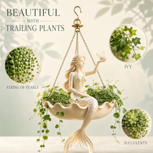 Ballet Dancer Hanging Planter, Resin Ballerina Flower Pot with Metal Chains, Small Hanging Basket for Succulents Ivy Spider Plants, Dance Teacher Appreciation Gift，Mermaid with Butterfly - color: Mermaid With Butterfly