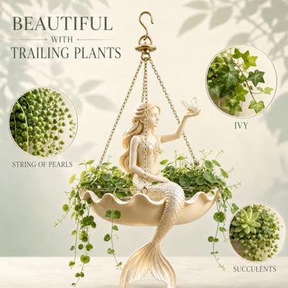 Ballet Dancer Hanging Planter, Resin Ballerina Flower Pot with Metal Chains, Small Hanging Basket for Succulents Ivy Spider Plants, Dance Teacher Appreciation Gift，Mermaid with Butterfly - color: Mermaid With Butterfly