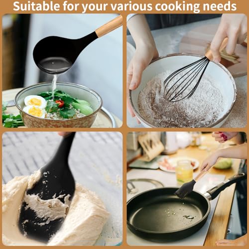 Silicone Cooking Utensils Set, 12Pcs Large Heat Resistant Kitchen Utensils, Turner Tongs, Spatula, Spoon, Wooden Handle Kitchen Gadgets with Holder for Nonstick Cookware, Dishwasher Safe (Black) - color: Black