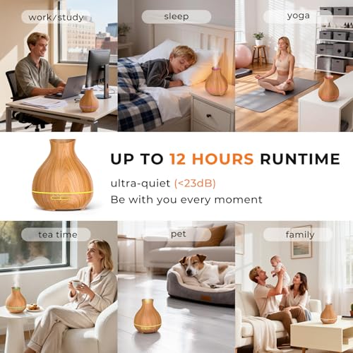 Aromatherapy Essential Oil Diffuser 550ml 12 Hours Wood Grain Aroma Diffuser with Timer Cool Mist Humidifier for Large Room, Home, Baby Bedroom, Waterless Auto Shut-off,7 Colors Lights Changing - color: Brown