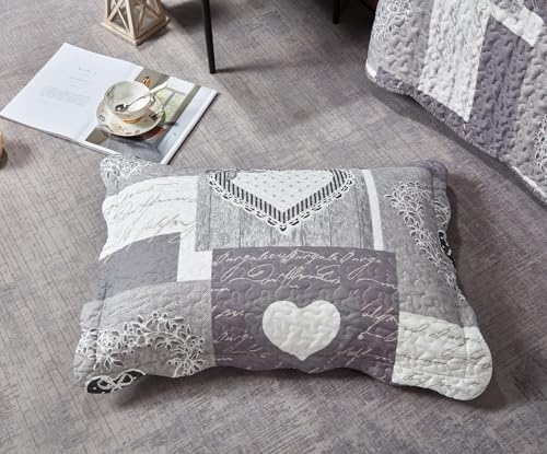 Brilliant Sunshine Grey Heartlove Pillowshams Set, 20"x26"+2" | Patchwork Design, Quilted Standard Pillowcases, Washable Scallop Edge Pillow Covers, Pack of 2 - color: Grey White, size: 20 x 26 inches
