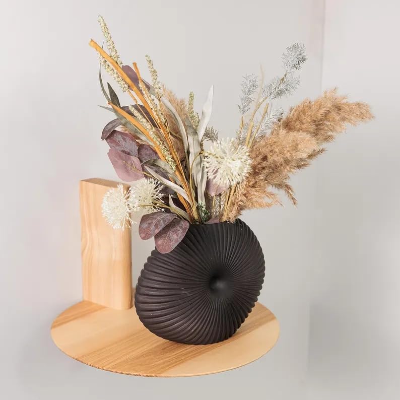 Modern Ribbed Ceramic Vase, Matte Black Donut-Shaped Decorative Vase, Minimalist Tabletop Flower Vase for Living Room Bedroom Office Shelf Decor, 6x6 Inch