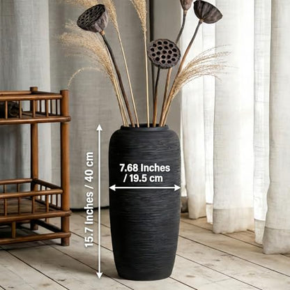 Black Rustic Ceramic Floor Vase, 15.7 Inch, Ribbed Texture | Living Room, Entryway, Fireplace, Pampas Grass, Dried Branches - size: 15.7 Inch