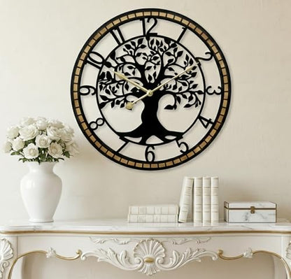 Large Wall Clock for Living Room Decor 32 Inch Tree of Life Metal Wall Art, Non-Ticking Battery Operated Metal Black with Solid Wood Frame for Office/Bedroom/Kitchen/Dining Room Decoration - size: B 32 Inch