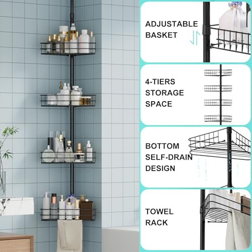 Garvee Corner Shower Caddy Tension Pole, 76 in-110 in Adjustable Bathroom Organizer Shelves, 4-Tier Rustproof Bathroom Shelves with Built-In Towel Bars to Space-Saving, Black | Adjustable Bathroom Shelf Organizer, Rust-Resistant Floor to Ceiling Storage R