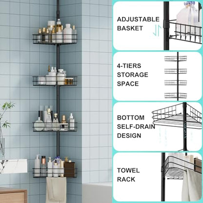 Garvee Corner Shower Caddy Tension Pole, 76 in-110 in Adjustable Bathroom Organizer Shelves, 4-Tier Rustproof Bathroom Shelves with Built-In Towel Bars to Space-Saving, Black | Adjustable Bathroom Shelf Organizer, Rust-Resistant Floor to Ceiling Storage R