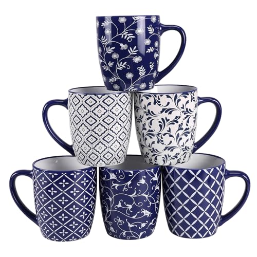 18 OZ Coffee Mugs Set of 6, Geometric Porcelain Large Mug for Man Woman | Blue and White Floral Ceramic Cup for Latte, Tea, Water, Cappuccino, Mocha, Cocoa, Housewarming Wedding Mug Present - color: Blue Coffee Mugs, size: 18 OZ