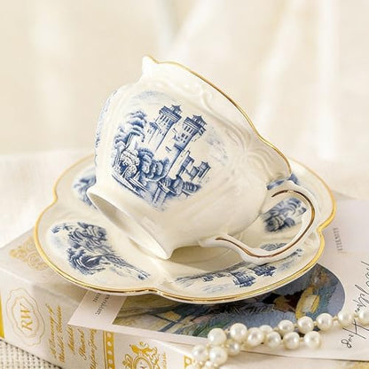 KAMMAK Tea Cups and Saucers Set of 2, 8 oz Porcelain Coffee Cups, SY001 | Stackable Espresso Mugs, Ceramic Demitasse for Coffee, Cappuccino, Latte, Americano, Tea - size: 8CZSY001