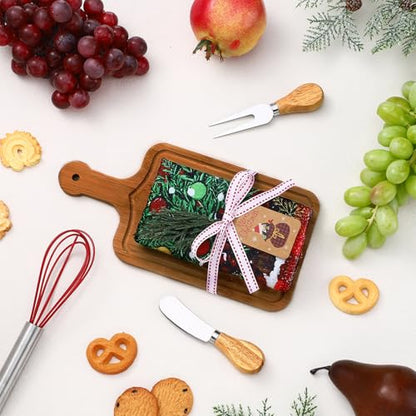 12 Set Christmas Charcuterie Board Gifts Bulk, Bamboo Mini Cheese Cutting Board Gifts with Spreader Knives Fork Towel Whisk for Xmas Gift Wedding Bridal Baby Shower(Long Handle,Dark) - color: Dark