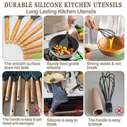 Umite Chef Kitchen Cooking Utensils Set, 33 pcs Non-stick Silicone Spatula Set with Holder, Woodle Handle Heat Resistant Gadgets Utensil (Gray) - color: Gray