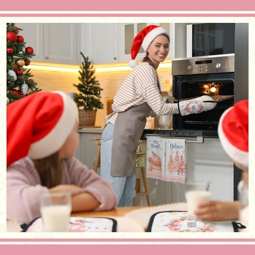 12 Pcs Christmas Pink Kitchen Towels and Oven Mitt Sets 4 Santa Claus Oven Mitts 4 Snowman Dish Towels and 4 Plaid Wreath Pot Holders Cooking Accessories for Winter Holiday Kitchen Decoration - style: Snowman
