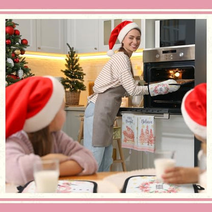 12 Pcs Christmas Pink Kitchen Towels and Oven Mitt Sets 4 Santa Claus Oven Mitts 4 Snowman Dish Towels and 4 Plaid Wreath Pot Holders Cooking Accessories for Winter Holiday Kitchen Decoration - style: Snowman