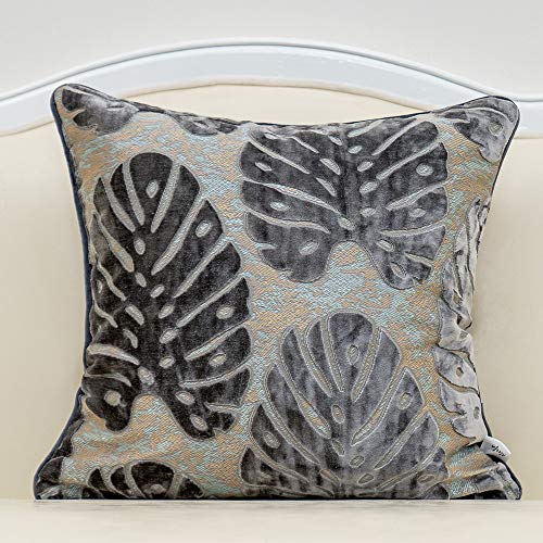 Alerfa 20 x 20 Inch Square Leaf Pillow Embroidery Cut Velvet Cushion Case Luxury Modern Lumbar Throw Pillow Cover Decorative Pillow for Couch Sofa Living Room Bedroom Car, Gray Silver - color: Gray, size: 20" x 20" (Pack of 1)