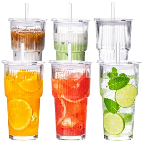 20oz Iced Coffee Cups with Lids, Glass Coffee Cups with Lids and Straws | Clear Reusable Drinkware, Secure Leak-Resistant Lids, Cup-Holder Friendly, Ideal for Iced Coffee, Tea, Juice and Smoothies - color: Clear - 6 pcs