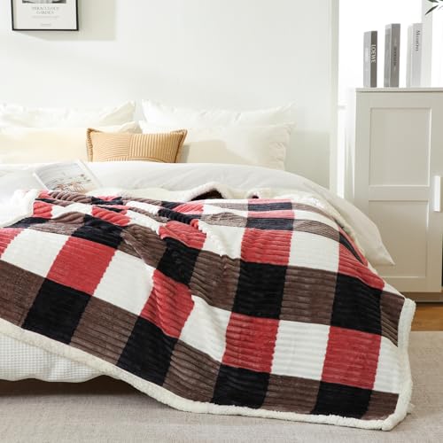 PU MEI Sherpa Blanket Twin Plaid Thick Bed Blanket, 60”*80” Super Soft Flannel Fuzzy Fleece Reversible Velvet Plush Warm Blanket for Couch (Black Red Check) - color: Black Red Check, size: 60"*80"