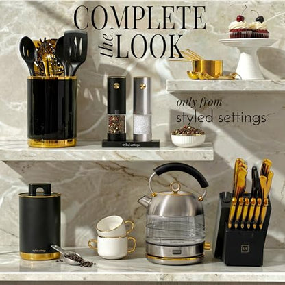 Styled Settings Rechargeable Salt and Pepper Grinder Set, Black & Silver | Electric Salt and Pepper Shaker Set with USB-C Port, LED Light, Adjustable Coarseness, One Touch Control, Automatic Mill - color: Black, Silver