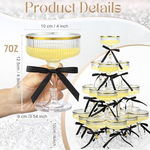 Set of 24 Plastic Champagne Coupe Glasses with Bow 7 oz Gold Champagne Tower Set Stackable Acrylic Ribbed Martini Glasses Cocktail Coupe Cup for Wedding Birthday Party Bar(Bowknot,Black) - color: Black, style: Bowknot
