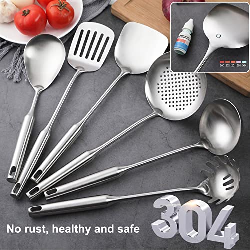 Stainless Steel Kitchen Cooking Utensils Set 6 PCS Dishwasher Safe | Food-grade 304, All Metal, 12-13.6", Wok Spatula, Ladle, Skimmer, Slotted Spatula Turner, Spaghetti Spoon, Large Spoon - color: Natural 6