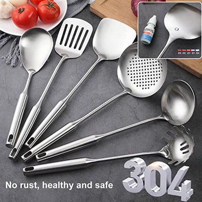 Stainless Steel Kitchen Cooking Utensils Set 6 PCS Dishwasher Safe | Food-grade 304, All Metal, 12-13.6", Wok Spatula, Ladle, Skimmer, Slotted Spatula Turner, Spaghetti Spoon, Large Spoon - color: Natural 6