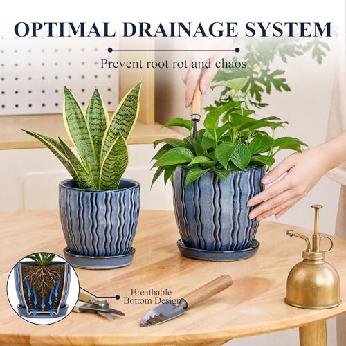 Ceramic Plant Pots, Modern Flower Pots, Small Plant Pots 4.5+5.5inch | Flower Pots Indoor Planters with Drainage and Tray, Modern Indoor Plant Pots for Home and Office, Small Planters - color: Blue