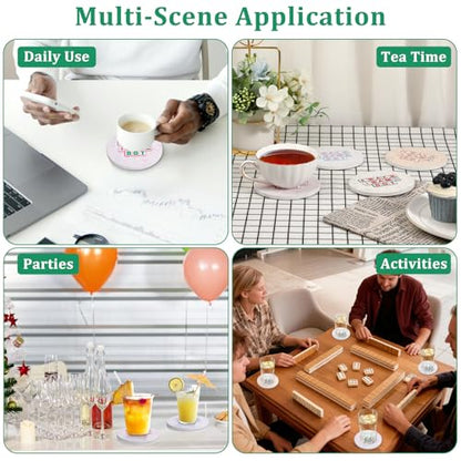 Drink Coasters Set of 4, Decorative and Absorbent Table Coaster with Holder | Funny Mahjong Pattern, 4 Inch Universal Fit, Round Ceramic Coaster, Non-Slip, Table Protection, Mahjong Accessories and Gifts - size: 4x4 in (Style 2)