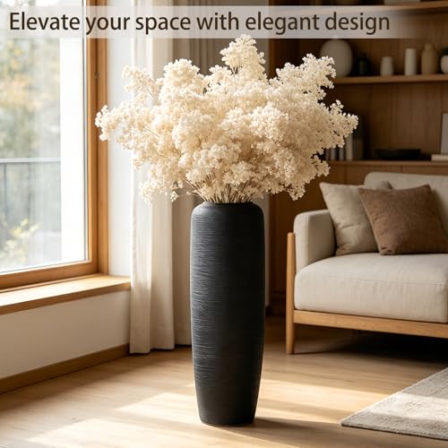 Black Rustic Ceramic Floor Vase, 24 Inch, Ribbed Texture | Living Room, Entryway, Fireplace, Pampas Grass, Dried Branches - size: 23.6 Inch