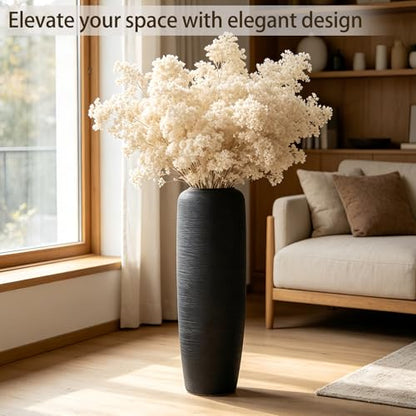 Black Rustic Ceramic Floor Vase, 24 Inch, Ribbed Texture | Living Room, Entryway, Fireplace, Pampas Grass, Dried Branches - size: 23.6 Inch