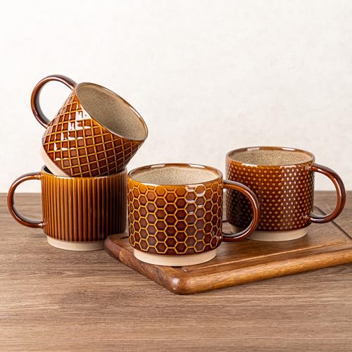 GBhome 15 OZ Stackable Coffee Mugs Set of 4, Ceramic Coffee Cups Set | 4 Assorted Designs, Embossed Mugs with Texture Patterns for Tea/Coffee, Dishwasher&Microwave Safe, Caramel - color: Caramel, size: 15 Ounces