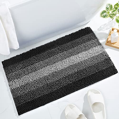 Black Bathroom Rugs, Luxury Chenille Bath Mat, Small Non Slip Shower Rug and Bath Room Floor Mats, Machine Washable, Quick Dry Bathmat, Soft Cozy Plush Rug for Tub, 16" x 24" - color: Black, size: 16" x 24"