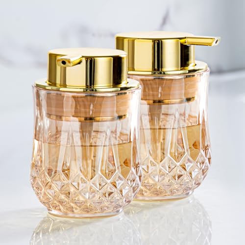 Enra Glass Soap Dispenser Set 2 Pack, Gold Hand Soap Dispenser Bathroom | 2 Pack Refillable Bottles with Elegant Gold Finish. Ideal for Bathroom, Kitchen Sinks,Countertops and Modern Home Decor. - color: Gold Liquid Pump-2pcak