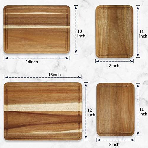 Large Solid Acacia Wooden Chopping Board Set of 4 for Kitchen | FSC-certified Wood Cutting Board Set of 4(16x12, 14x10, Double 11x8 inch)Juice Groove,Handles,Non-slip Mats,Thick,Reversible - size: 16"L x 12"W