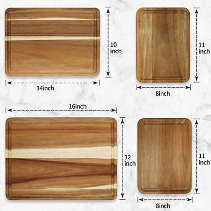 Large Solid Acacia Wooden Chopping Board Set of 4 for Kitchen | FSC-certified Wood Cutting Board Set of 4(16x12, 14x10, Double 11x8 inch)Juice Groove,Handles,Non-slip Mats,Thick,Reversible - size: 16"L x 12"W