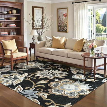 Lahome Floral Black Washable Area Rug 4x6, Non-Slip Ultra-Thin Soft Accent Stain Resistant Indoor Area Rug, Paisley Print Carpet for Bedroom, Living Room, Entryway, Kitchen, Laundry | Non-Slip Ultra-Thin Soft Stain Resistant Indoor Area Rug for Bedroom Li