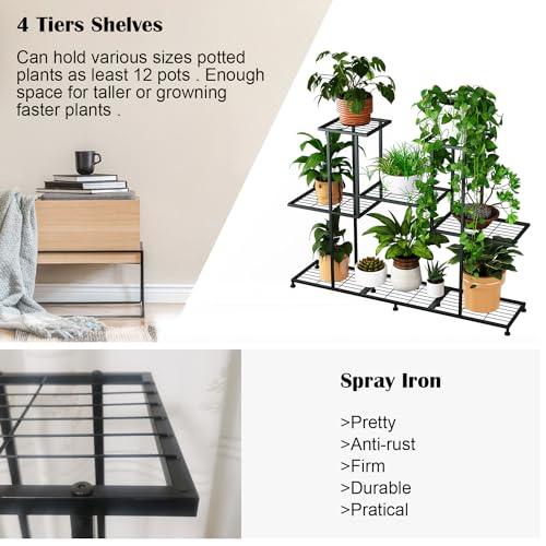 Twhep Metal Plant Stand, 5 Tiers Multifunctional Plant Stands for Indoor Plants, Decorative Black Steel Plant Shelf for Indoor Patio Garden Balcony and Yard (4 tiers 12 pots)
