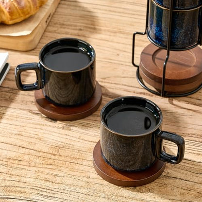 LUKA Porcelain Stackable Espresso Cups with Saucers and Metal Stand, 4 Ounce Small Ceramic Demitasse Cups Set for Latte, Specialty Coffee Drinks, Cafe Mocha,Tea - Set of 4, Reactive Blue - color: Reactive Blue