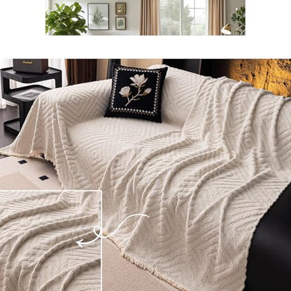 ROOMLIFE Couch Cover 3 Cushion Sofa, Washable Non Slip Furniture Sofa Protector Cover, Soft Chenille Sofa Slipcovers Sectional L Shape Dogs Couch Cover Throw Blanket with Tassels 71''X118'' - color: Hg01#beige, size: Large（71*118IN）