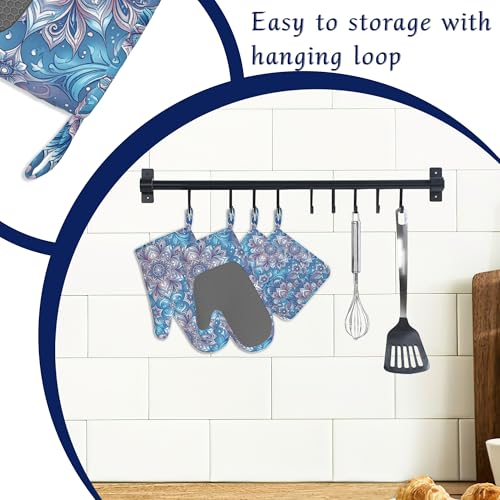 Mandela Flower Oven Mitts and Pot Holders Sets of 4 Abstract Boho Floral Heat Resistant Silicone Oven Mits Gloves Non-Slip Kitchen Mittens Potholders for Cooking Baking Grilling BBQ - color: Mandela Flower,abstract Boho Floral