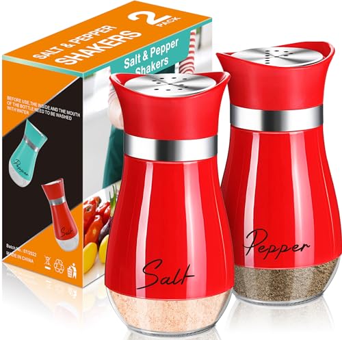 Salt and Pepper Shakers - 4 oz Red Glass Set with Stainless Steel Lids | Refillable Glass Shakers with Stainless Steel Lids Suit Cooking, Dining, RV Trips, Camping and BBQs, Adding Christmas Style. - color: Red