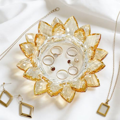 Crystal Flower Jewelry Tray, Luxury Transparent Decorative Trinket Dish for Rings, Earrings, Necklaces, Keys for Vanity Dresser Nightstand, Elegant Gift for Women Mother's Day (1, 6.3"(W)- Gold) - size: 6.3"(W)- Gold