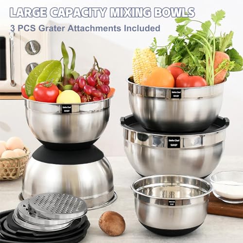 Umite Chef Mixing Bowls with Airtight Lids Set, 8PCS Stainless Steel Nesting Bowls Set, 3 Grater Attachments & Non-Slip Bottoms, Size 5, 4, 3.5, 2, 1.5QT for Baking & Mixing(Black) - color: Black