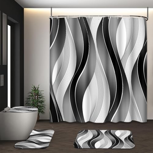 Bathroom Sets with Shower Curtain and Rugs, 4 Pcs Geometric Stripes | Abstract Modern Wavy Bathroom Decor Set with Toilet Lid Cover, Non-Slip Bath Mats and Accessories 12 Hooks - color: Geometric Lines Grey