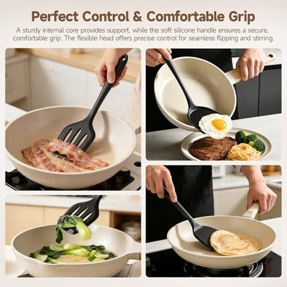 2-Pack Silicone Spatula Set, Heat Resistant Spatulas for Baking & Mixing, BPA-Free Solid & Slotted Turner for Non-Stick Pans, Kitchen Utensils for Scraping, Sauteing and Flipping (Black) - color: Black