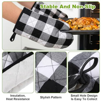 10 Pcs Buffalo Check Dish Towels Pot Holders Oven Mitts Set, Polyester Cotton Plaid Kitchen Napkins & Non-Slip Heat Resistant Oven Gloves & Placemats for Cooking Baking Grilling Farmhouse Decor (Black