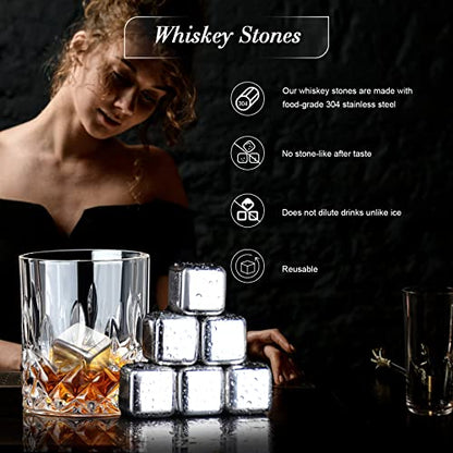 Whiskey Set Gifts for Men, DIOXADOP 6 Stainless Steel Whisky Stones 2 Crystal Whisky Glasses 1 Blessing Card in a Exquisite Wooden Box, Prepare a Gift for Whiskey Scotch Bourbon Lover - color: Stainless Steel Whisky Set