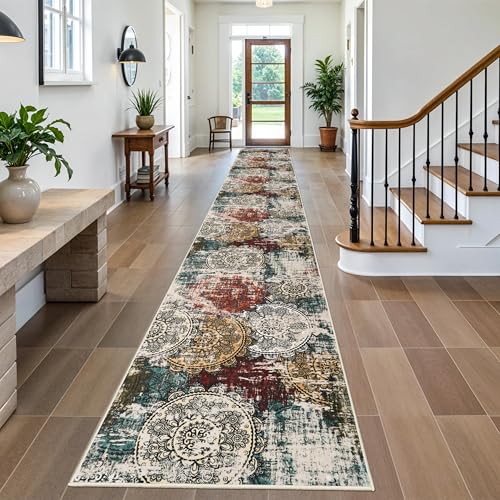 Runner Rug 3x20 Long Corridor: Red Green Washable Abstract Non Slip Mandala | Hallways Low Pile Durability Wear Resistance Vacuumable Resist Staining Indoor Carpet for High-End Residential Homeowners - color: Red/Green/Multi, size: 3' x 20' (Rectangular)