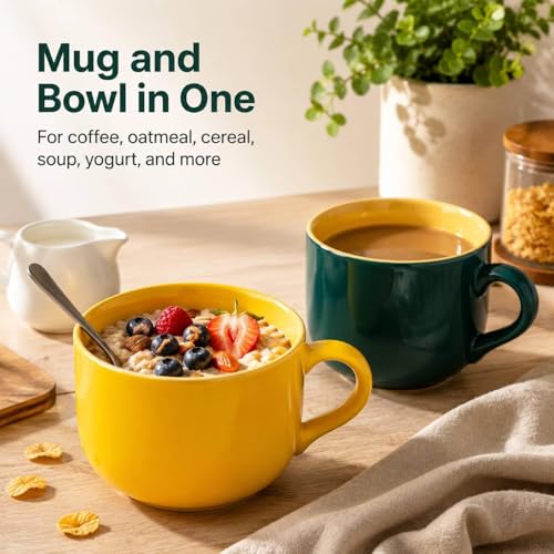 20 oz Ceramic Mug Set of 2, Yellow and Dark Green Oversized Coffee Cups for Tea, Soup, Cereal and Oatmeal, Wide Mouth Large Handle, Microwave Dishwasher Safe - color: 20 oz-Yellow&Dark green