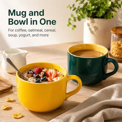 20 oz Ceramic Mug Set of 2, Yellow and Dark Green Oversized Coffee Cups for Tea, Soup, Cereal and Oatmeal, Wide Mouth Large Handle, Microwave Dishwasher Safe - color: 20 oz-Yellow&Dark green