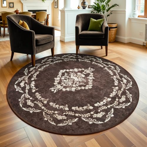 FlyDOIT 4Ft Washable Round Circle Rug for Living Room Kitchen, Brown | Vintage Abstract Boho Floral Distressed Rugs Non-Slip Soft Indoor Circular Carpet for Dining Room Table Bedroom Home Decor - color: Brown, size: 4' (Round)